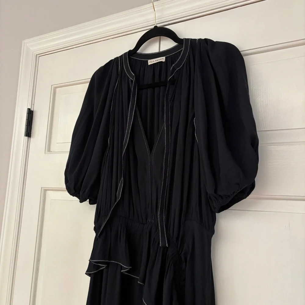 Ulla Johnson Leah Dress Noir Black Midi Puff Sleeve Contrast‎ Trim Size 10 Tie - Picture 8 of 16
